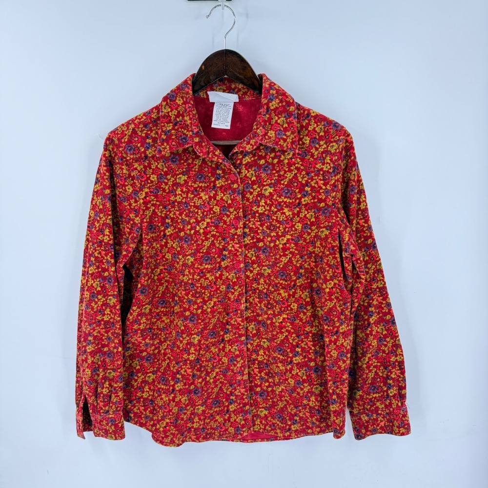 Vintage Blair Floral Corduroy Button Down Shirt Red Multicolor Long Sleeve Sz M